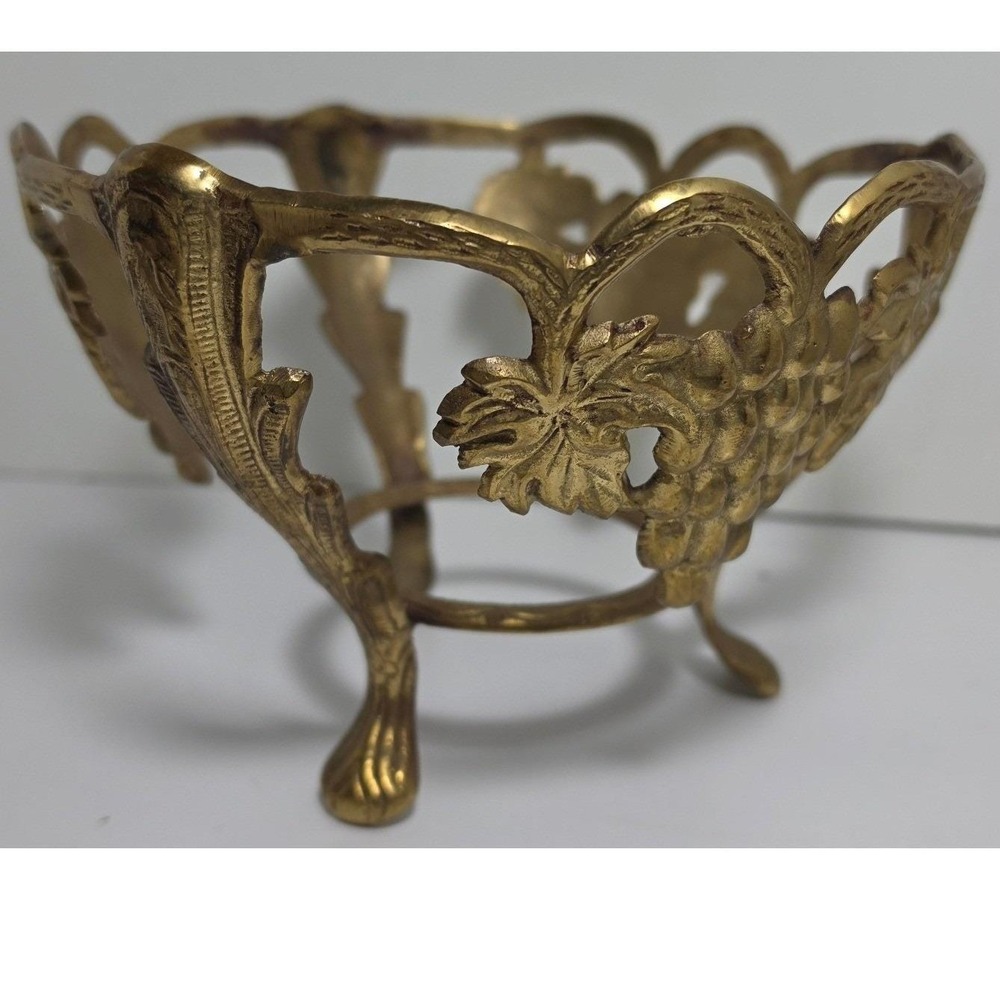 Vtg Brass Grape Vine Leaf Bowl Orb Stand Ornate Footed Planter Base India 6.5"